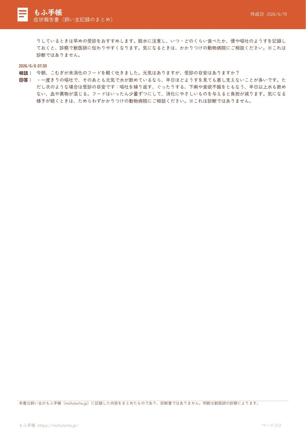 受診メモ（症状報告書）実物サンプル 2ページ目