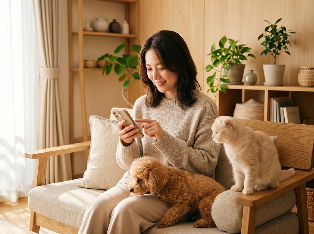 スマホでもふ手帳に記録する飼い主と、トイプードルとスコティッシュフォールド