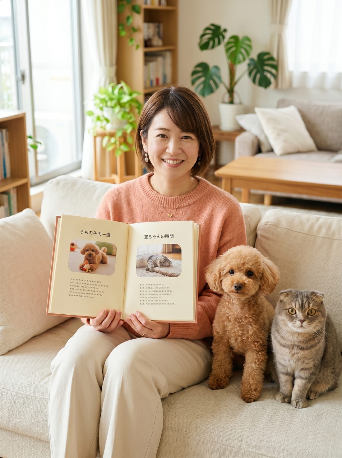 「うちの子の一冊」を開く飼い主と、寄り添う犬と猫