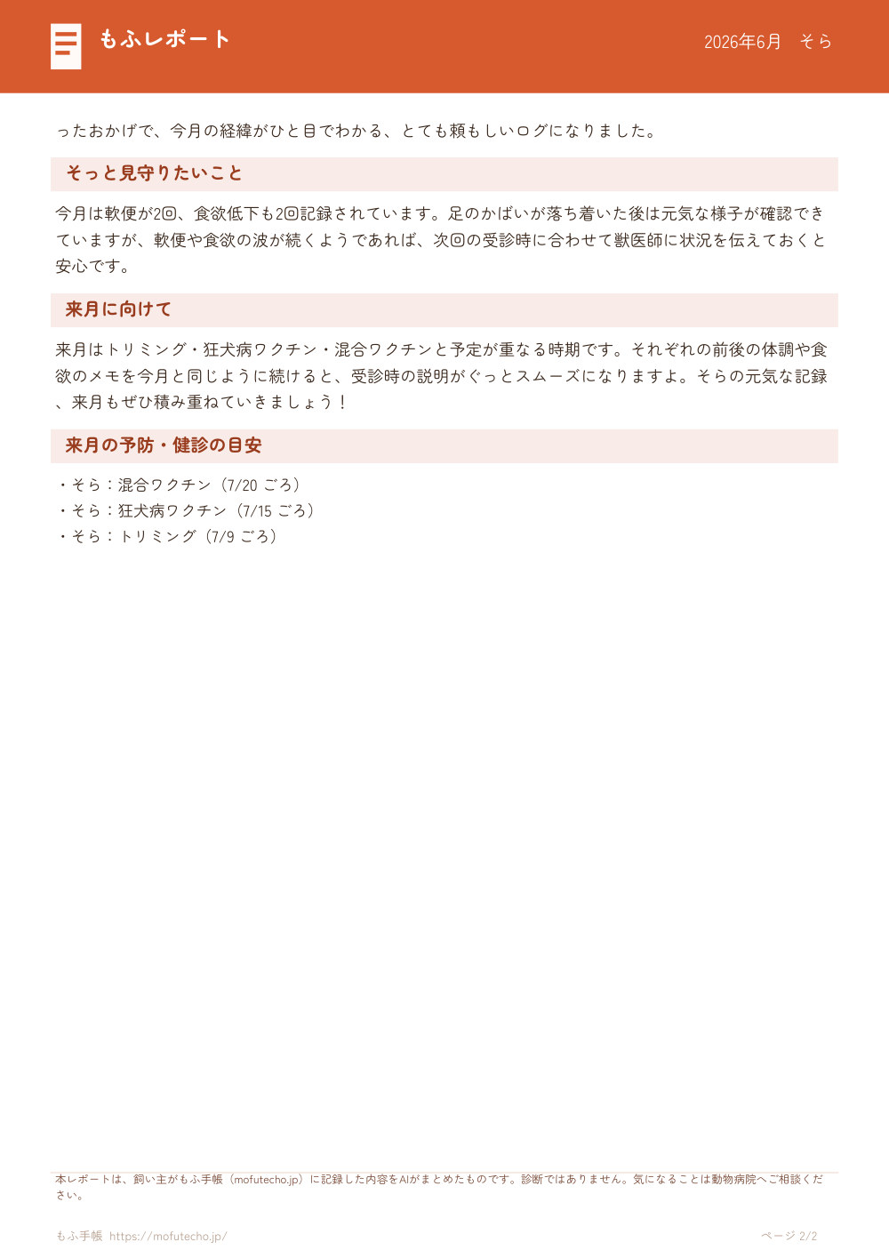 月次もふレポート 実物サンプル 2ページ目（そら）